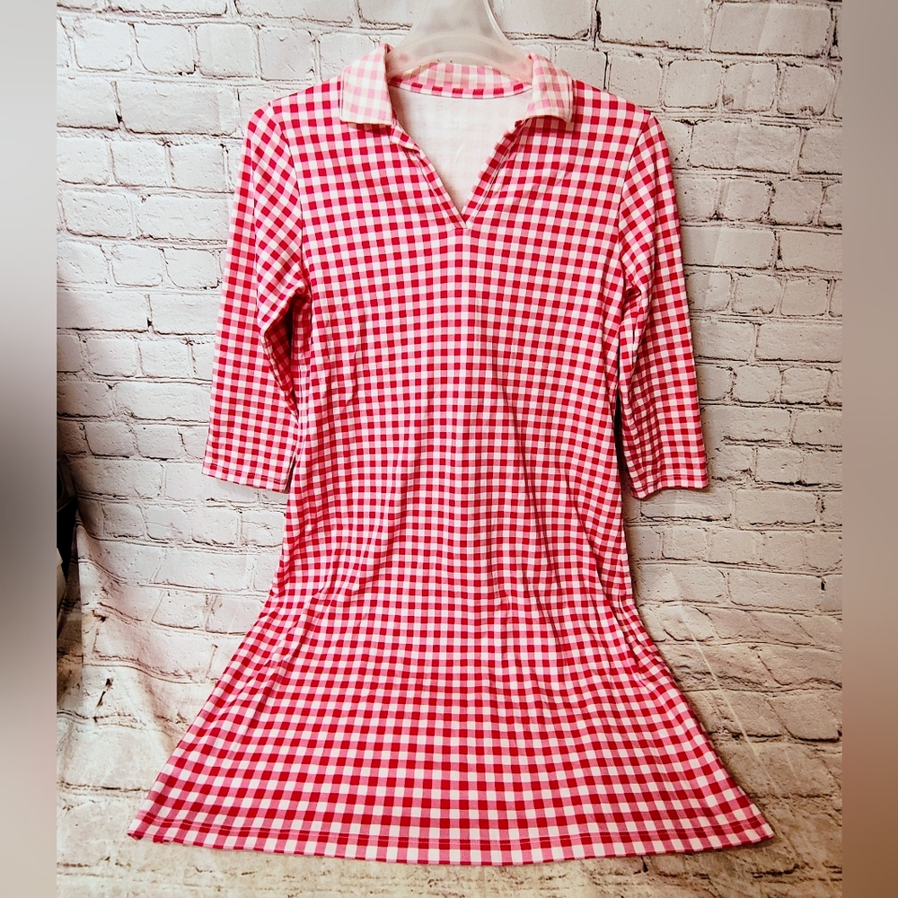 Lands' End Draper James Gingham Plaid Pink Polo Preppy Rockabilly Dress Medium